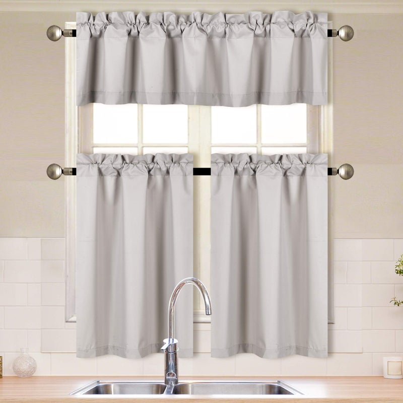 Better Home Style 3 Piece Solid Color 100% Blackout Kitchen Window Curtain Set with Tiers and Valance Solid Energy Efficient Thermal Room Darkening Drape Window Treatment # MKC (Light Grey/Silver) - Image 1